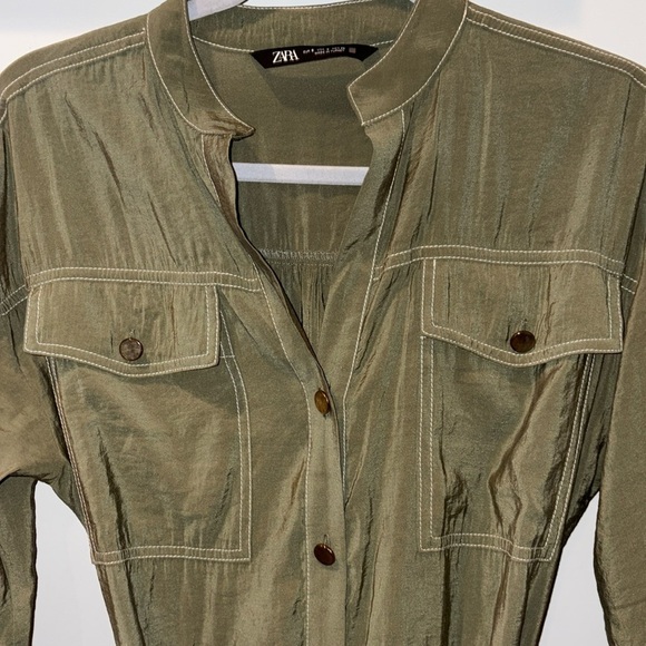 Zara Modal Long Sleeve Belted Jumpsuit w/Contrast Stitch Size Small Olive Green - Picture 6 of 16
